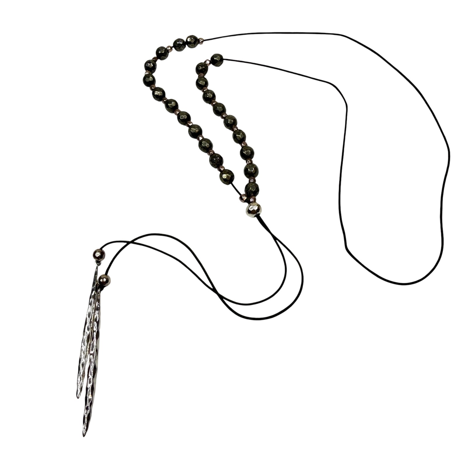 Lariat Y Necklace Green Grey Faceted Metal Beads Silver Tone Bar Pendant 18 in