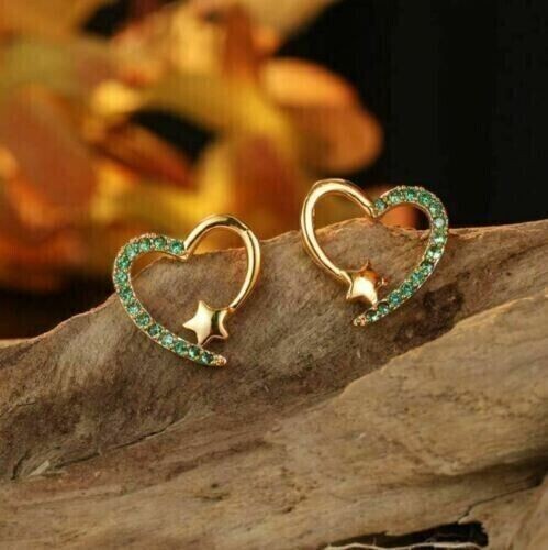 1Ct Round Cut Simulated Emerald Women’s Heart Earring 14K Yellow Gold Plated