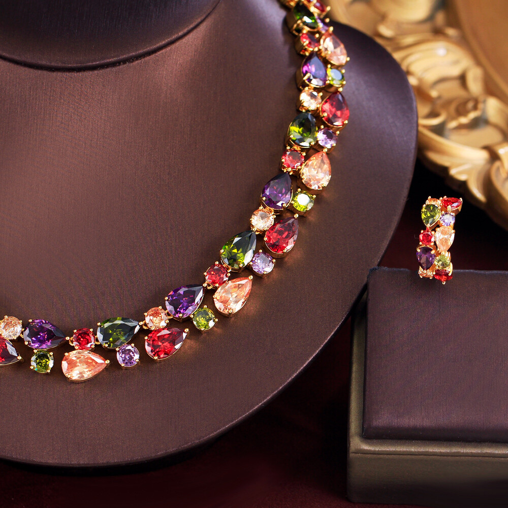 Charm Gold Plated Multicolor Cubic Zirconia Necklace Earrings Bridal Jewelry Set