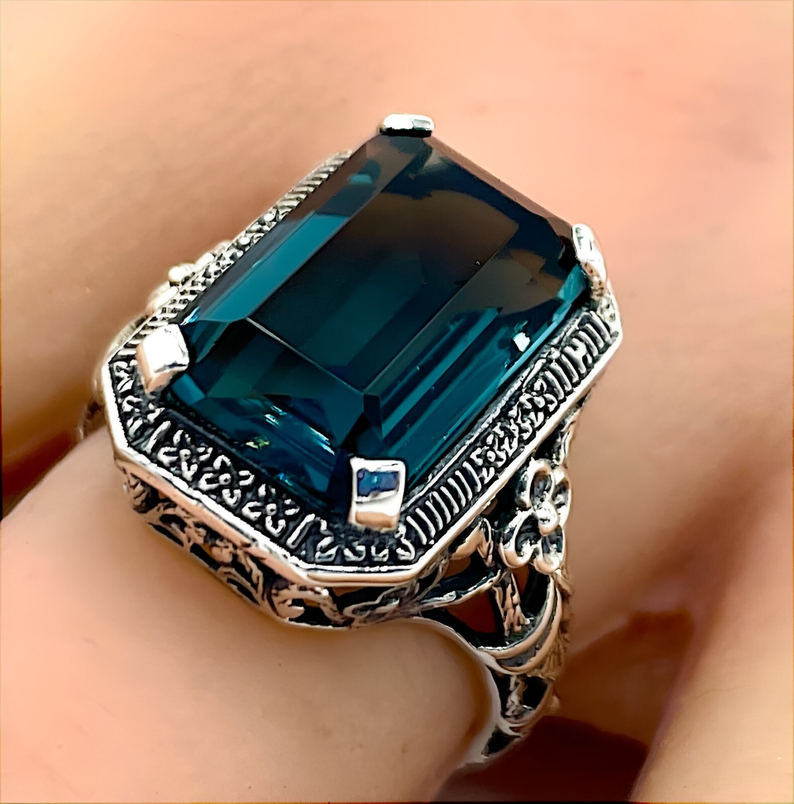 925 STERLING SILVER ART DECO STYLE RING 6 CT LONDON BLUE SIMULATED TOPAZ #1141