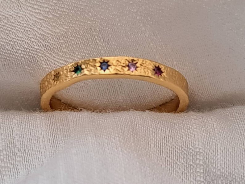 Silver Hammered Band Ring Star Birthstone Band – Unique Handmade Jewelry