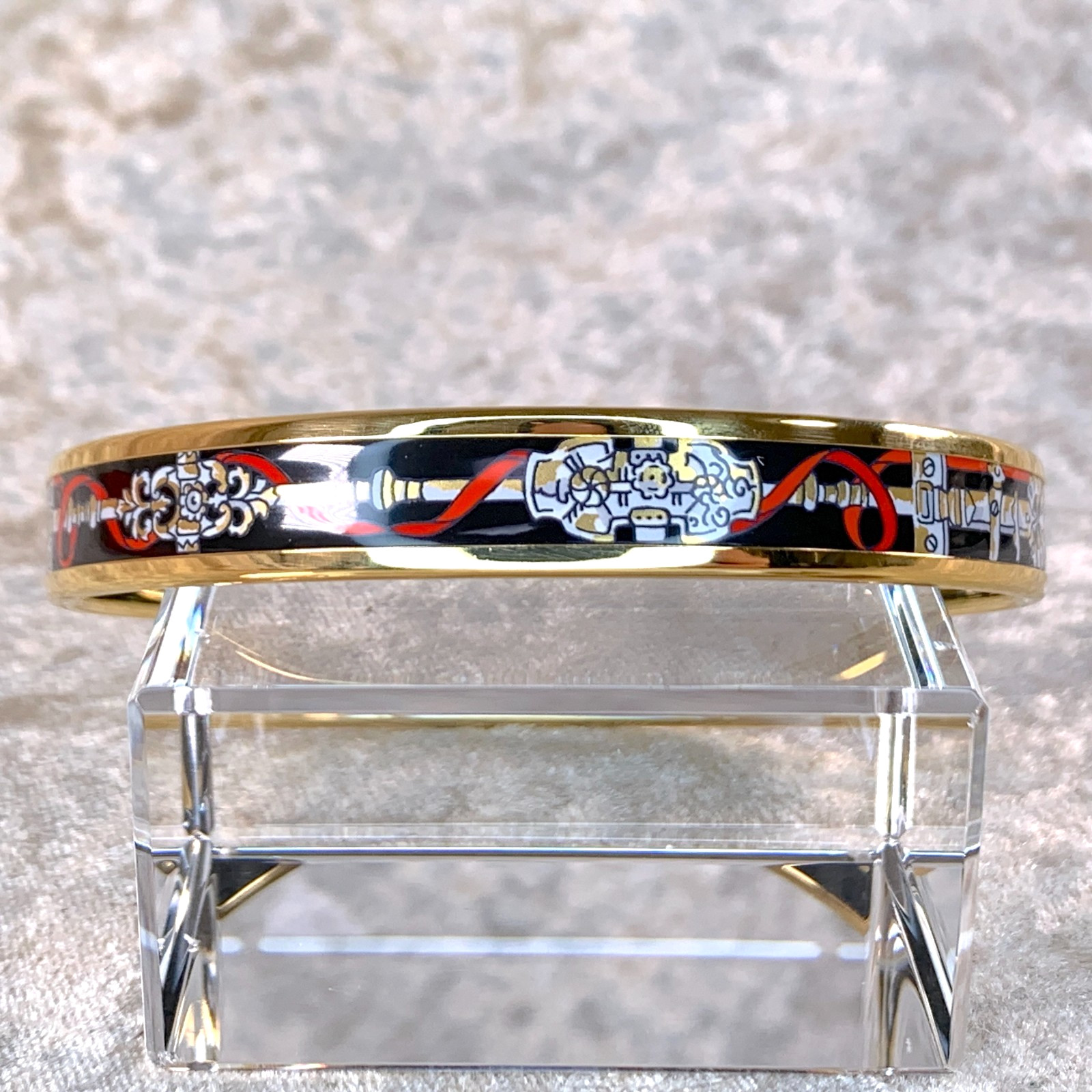 Vintage Hermes Bangle Bracelet Black Red Enamel Gold Rim Size 70 with Box