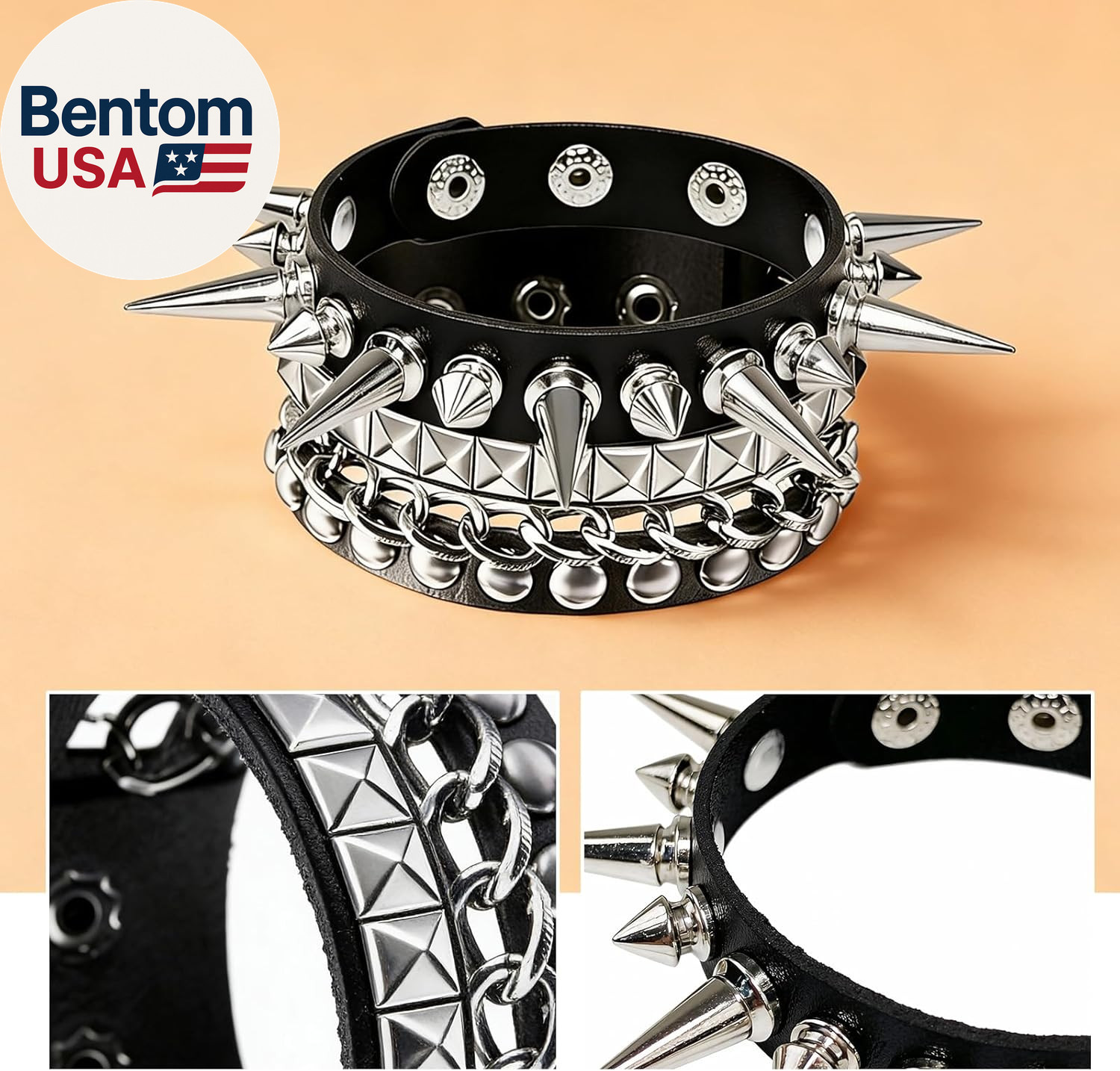 5 Pcs Spiked Bracelets Black Studded Cuff Punk Jewelry, Adjustable Gothic Emo Al