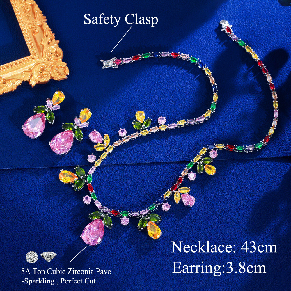 Chic Multicolor Drop Leaf Wedding Necklace Earrings Silver Plated CZ Jewelry Set