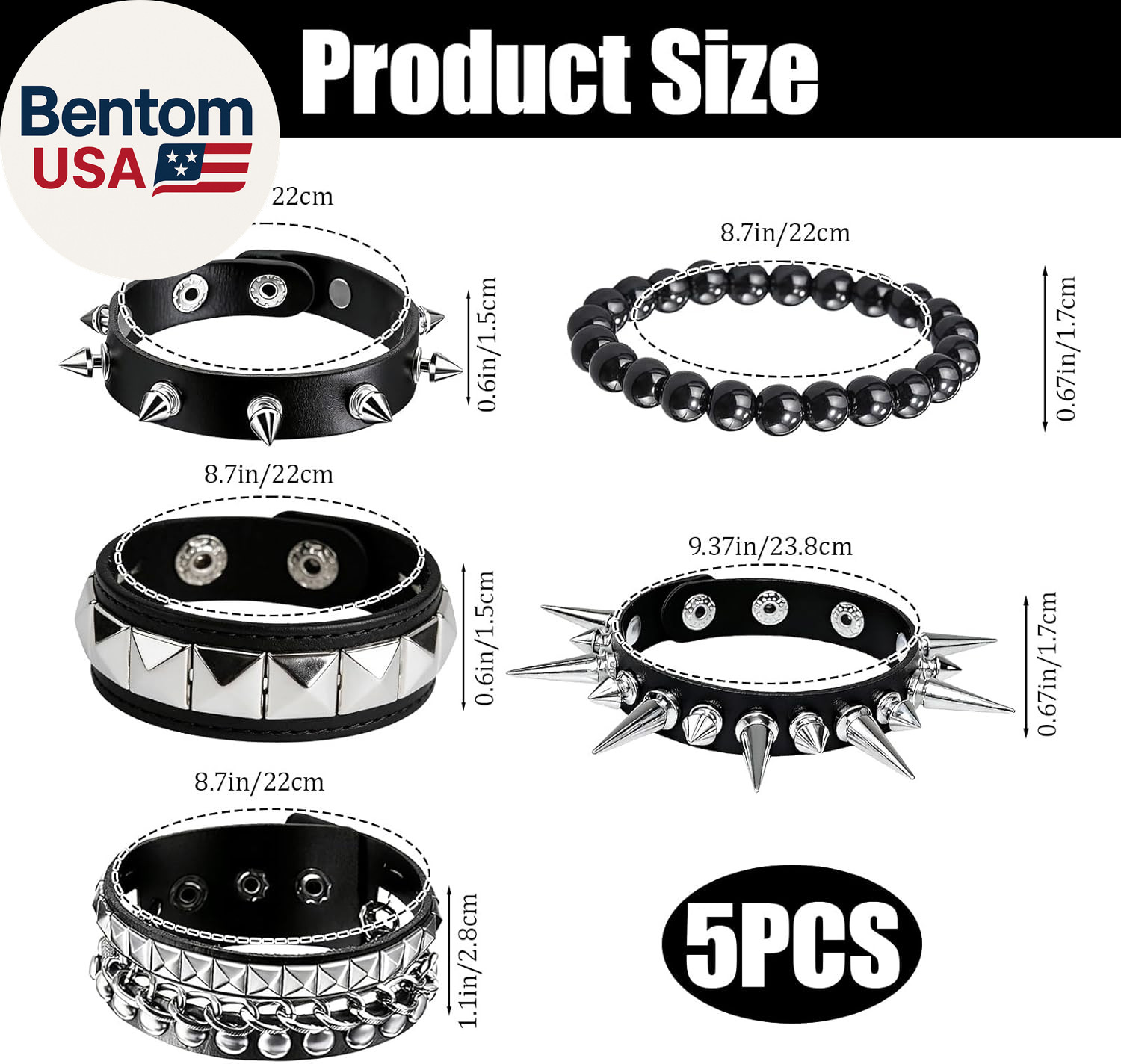 5 Pcs Spiked Bracelets Black Studded Cuff Punk Jewelry, Adjustable Gothic Emo Al