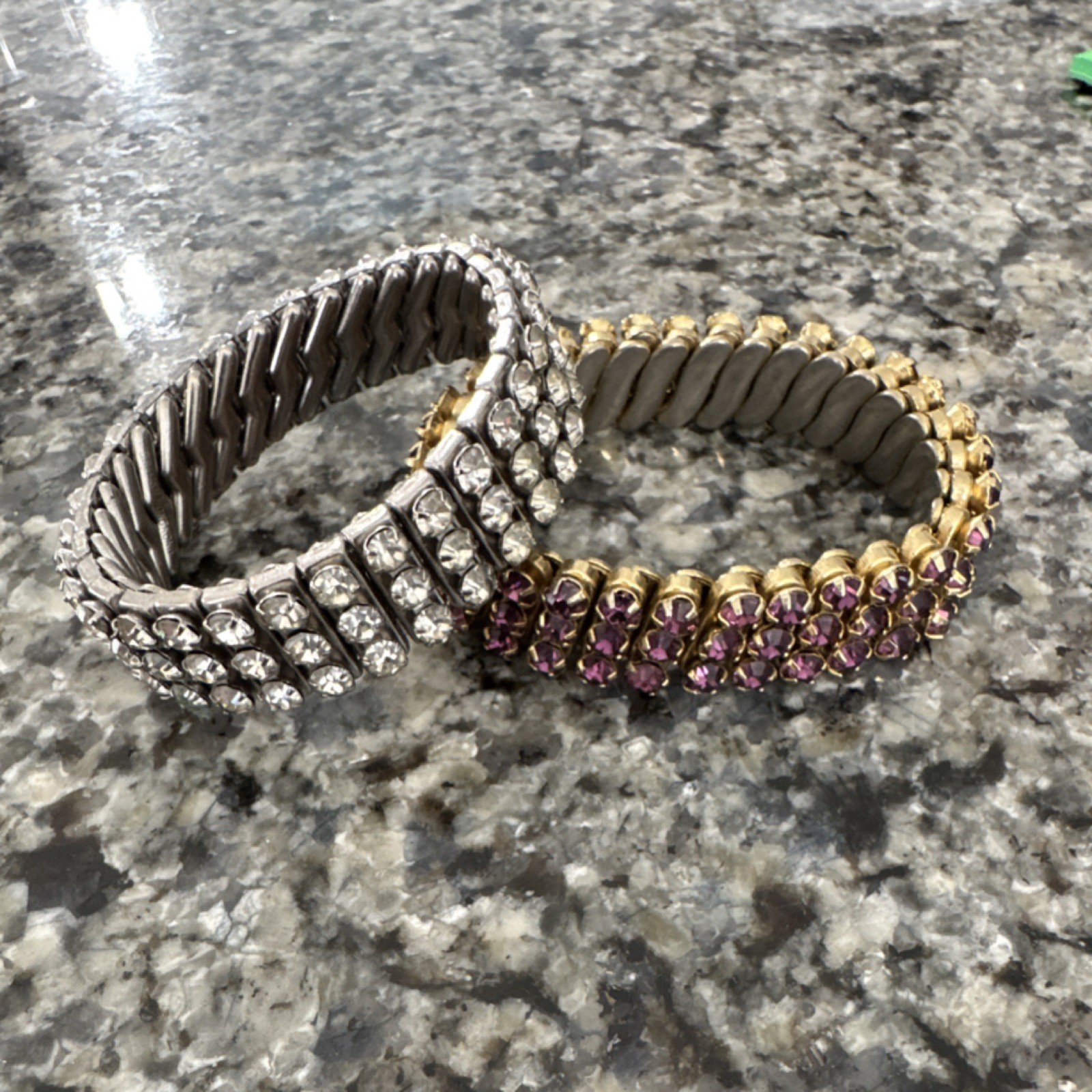 Stretch Tennis Bracelets Silver Gold Purple Clear Round Rhinestone Set of 2
