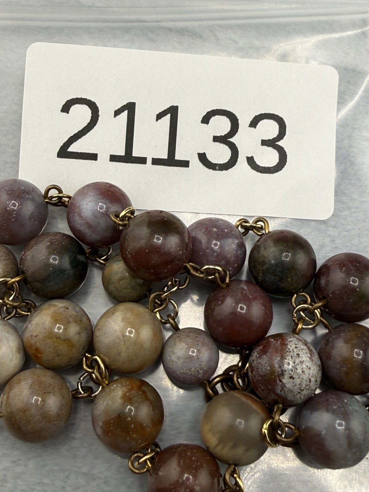 Stone Beaded Necklace Brown Pink Polished Gold Tone 16″