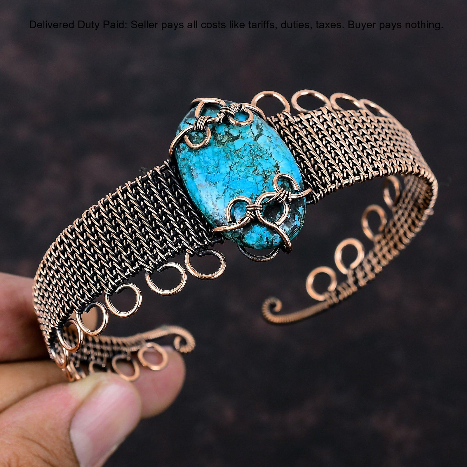 Copper Oval Tibetan Turquoise Stone Engagement Wire Wrapped Sister Trendy Bangle