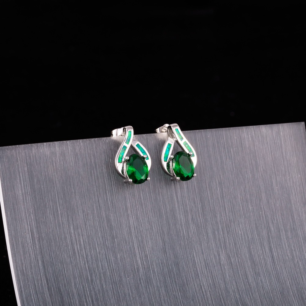 6×8 Simulated Emerald Kiwi Green Fire Opal Silver Filled Jewelry Stud Earrings