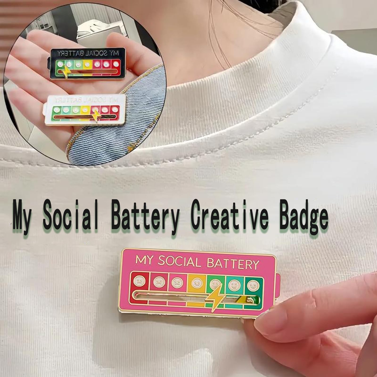 2Pcs Social Battery Slider Pin,Funny Interactive Brooch Enamel Pins for 7 Day…