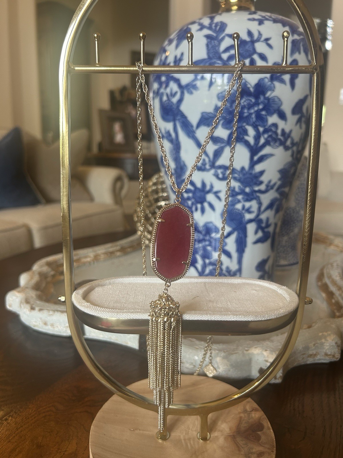 Gold Tone Cable Chain Necklace Red Oval Pendant Tassel Prong Set
