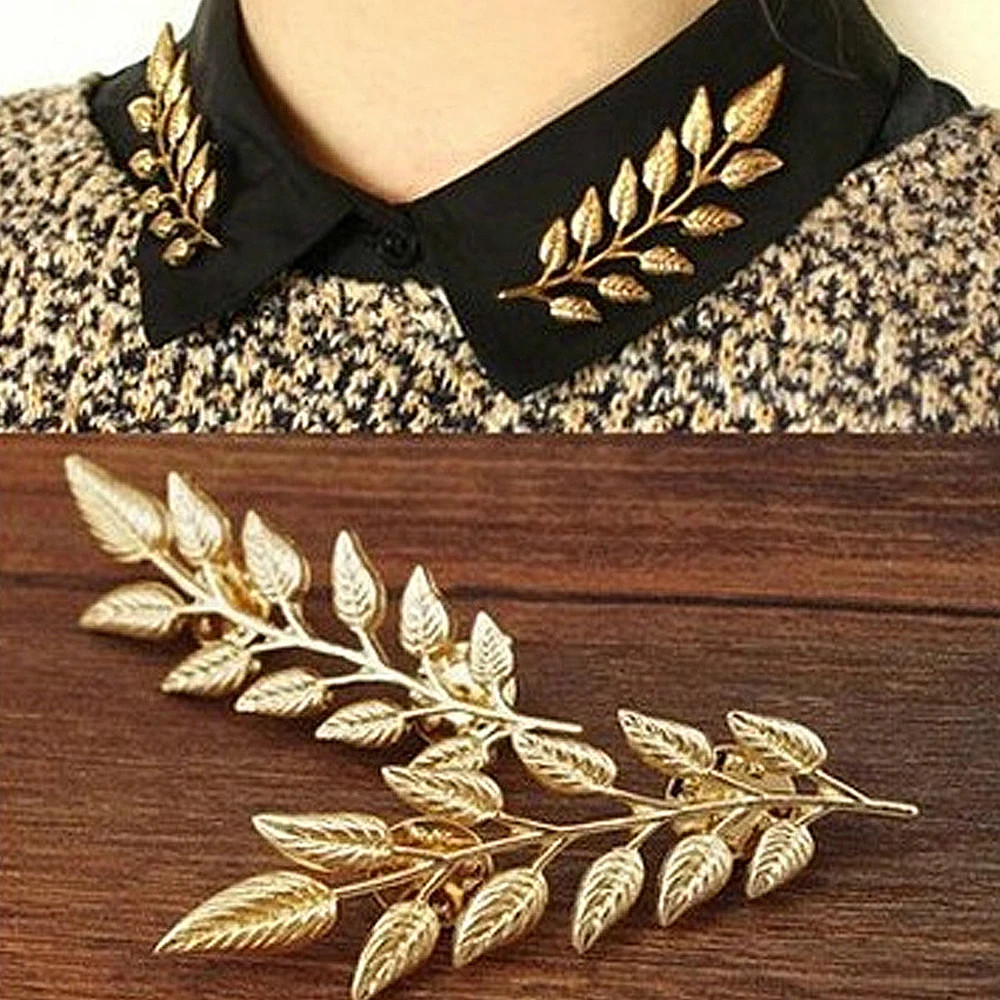 1 Pair Golden Alloy Tree Branch Shape Brooch for Women Men Suit Shirt Collar.