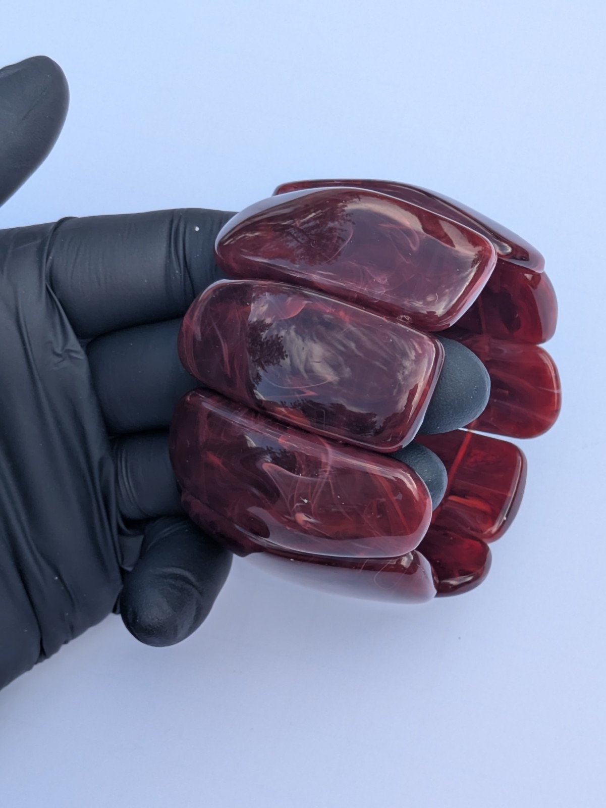 Red Resin Chunky Wide Panel Stretch Bangle Bracelet, Sizable, No Stone