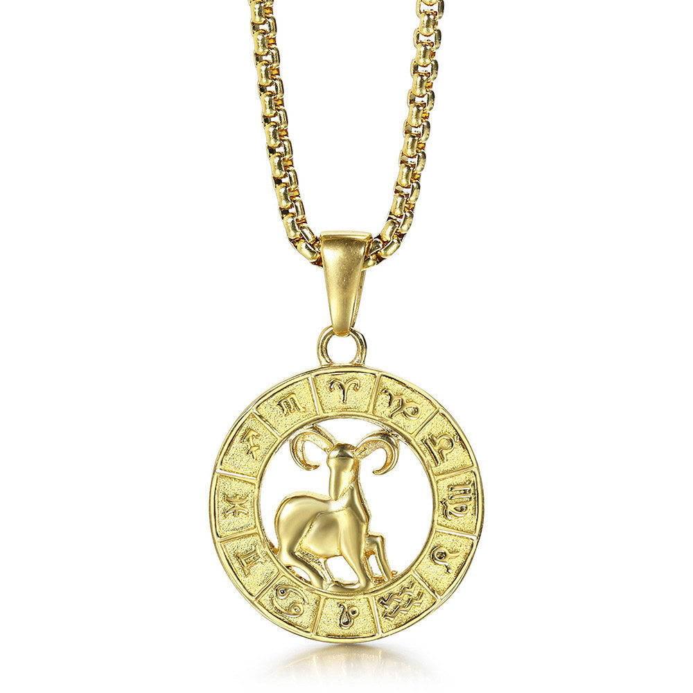 Yellow Gold Plated Stainless Steel 12 Zodiac Sign Pendant Necklace 18-22″ Chain