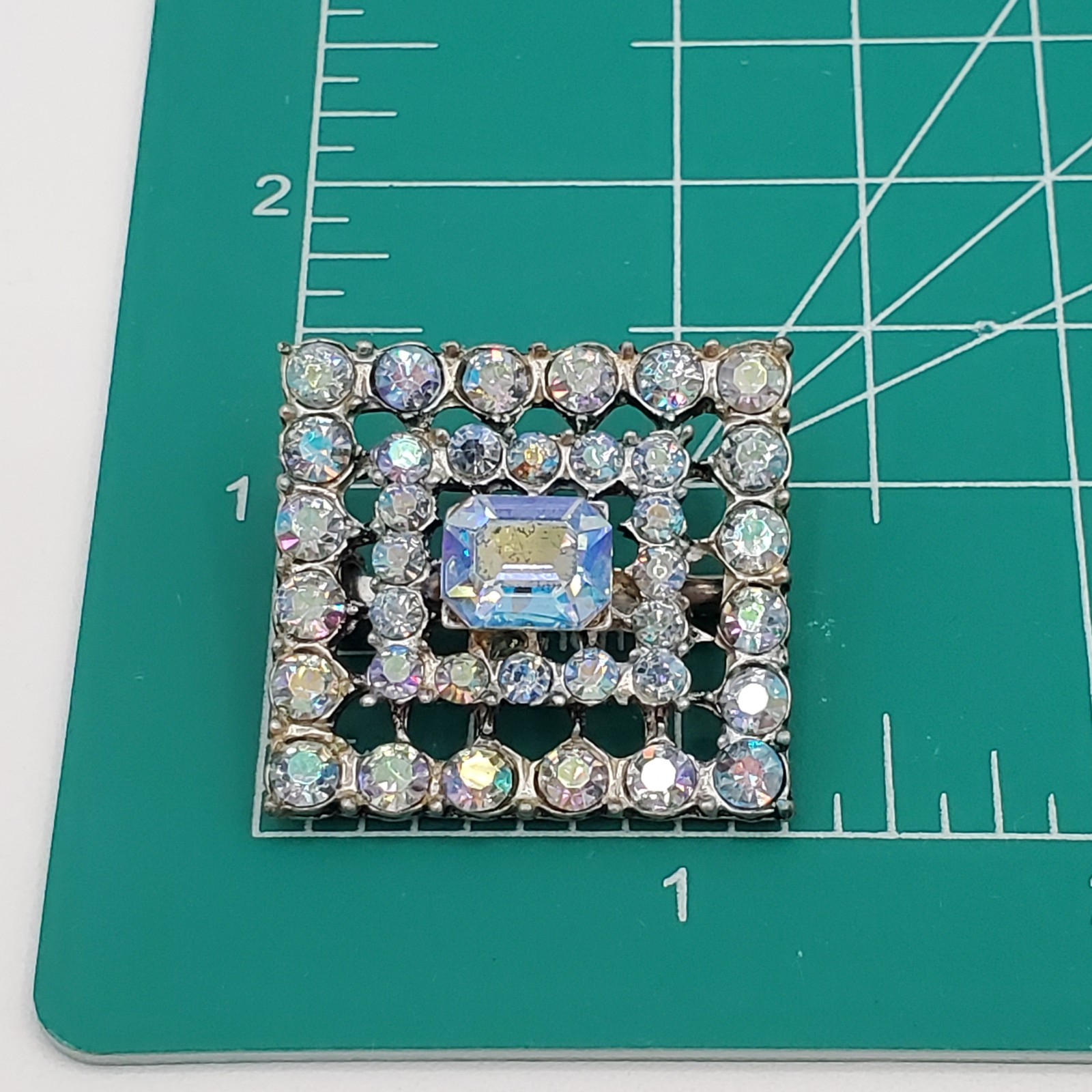 VTG Aurora Borealis Crystal Brooch 1in Square Silver Tone Blue Layered AB Pin