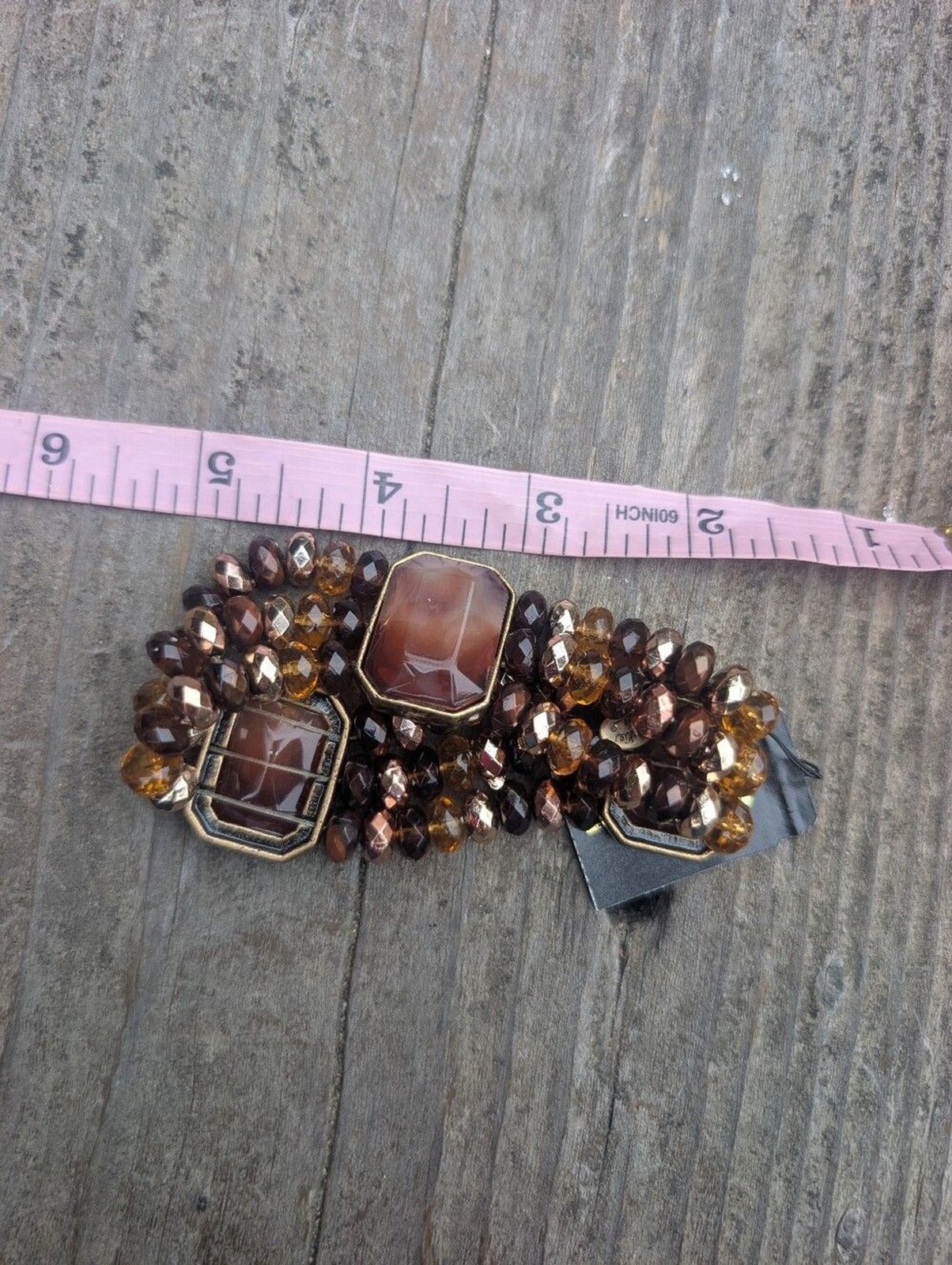 Cookie Lee Amber and Brown Faceted Bead Stretch Bracelet with Center Stone