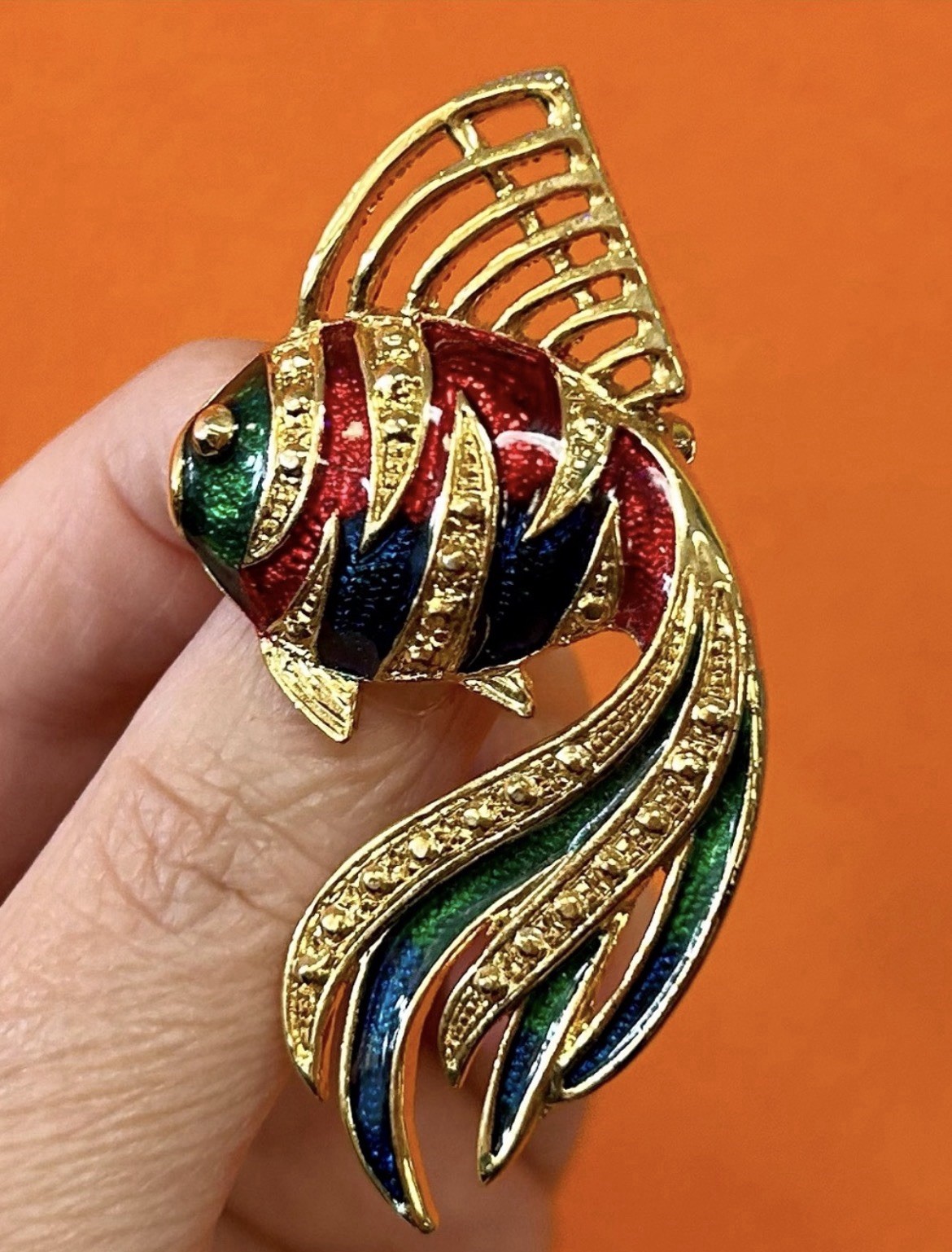 Gold Tone Enamel Fish Brooch Pin Red Blue Green Animals & Insects Theme 1980’s