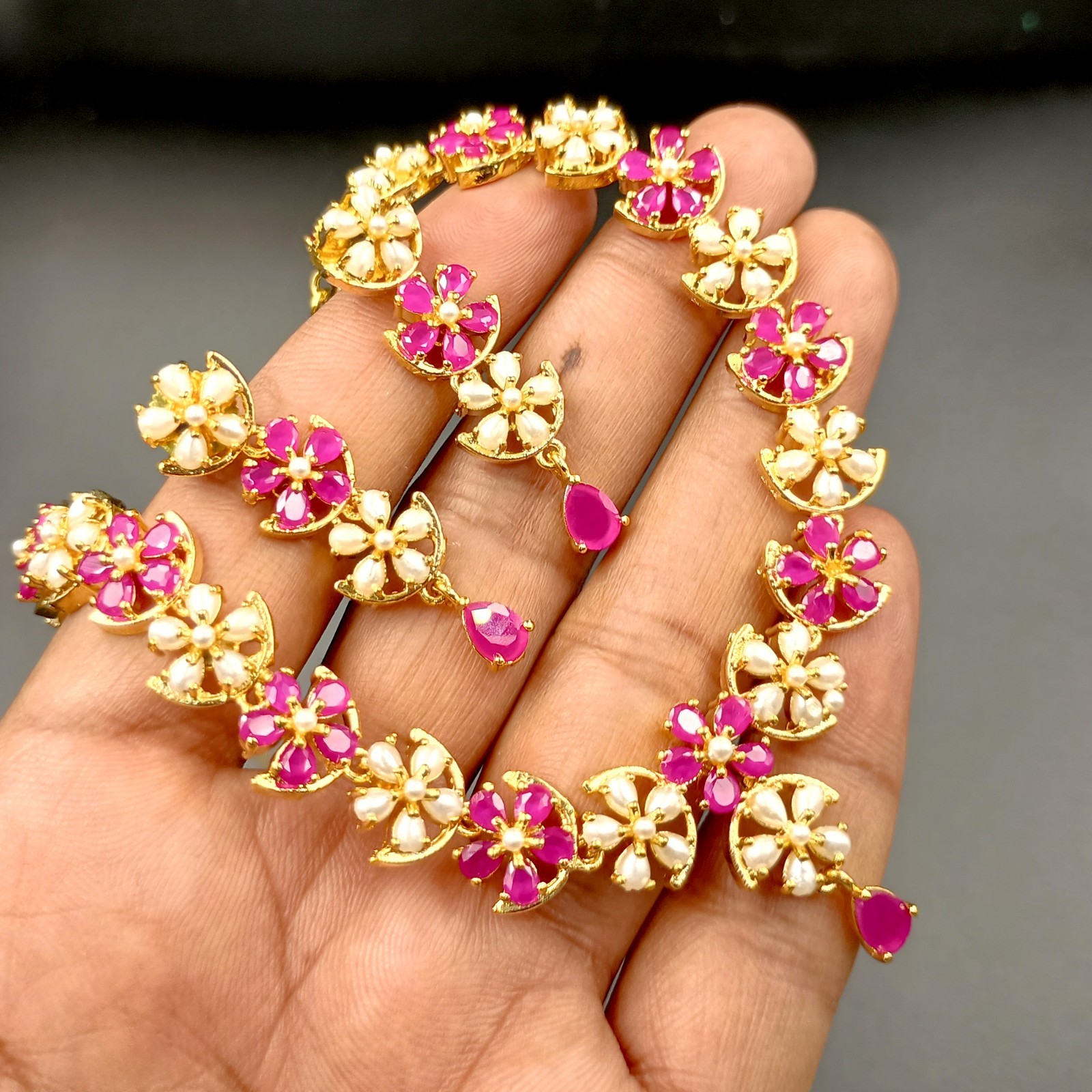 Traditional 22K Gold Plated Floral Ruby Pearl Necklace Set Statement Jewelry
