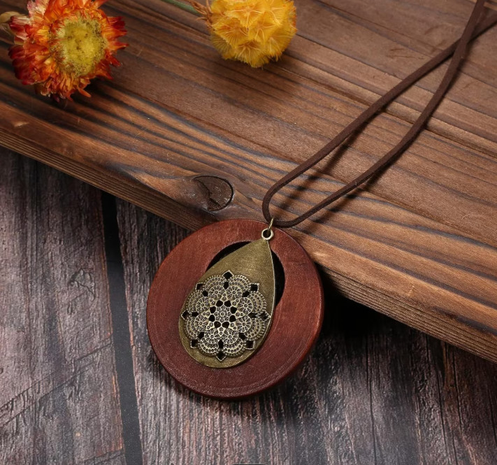 6Pcs Long Pendant Necklace Set Women Boho Wood Sweater Statement Hippie Jewelry