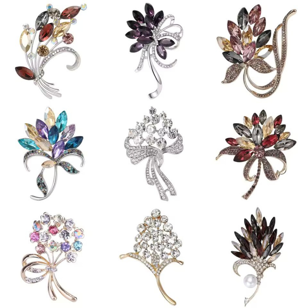 Luxury Blue Flower Bouquet Brooch Rhinestone Crystal Silver Floral Pin Jewelry G