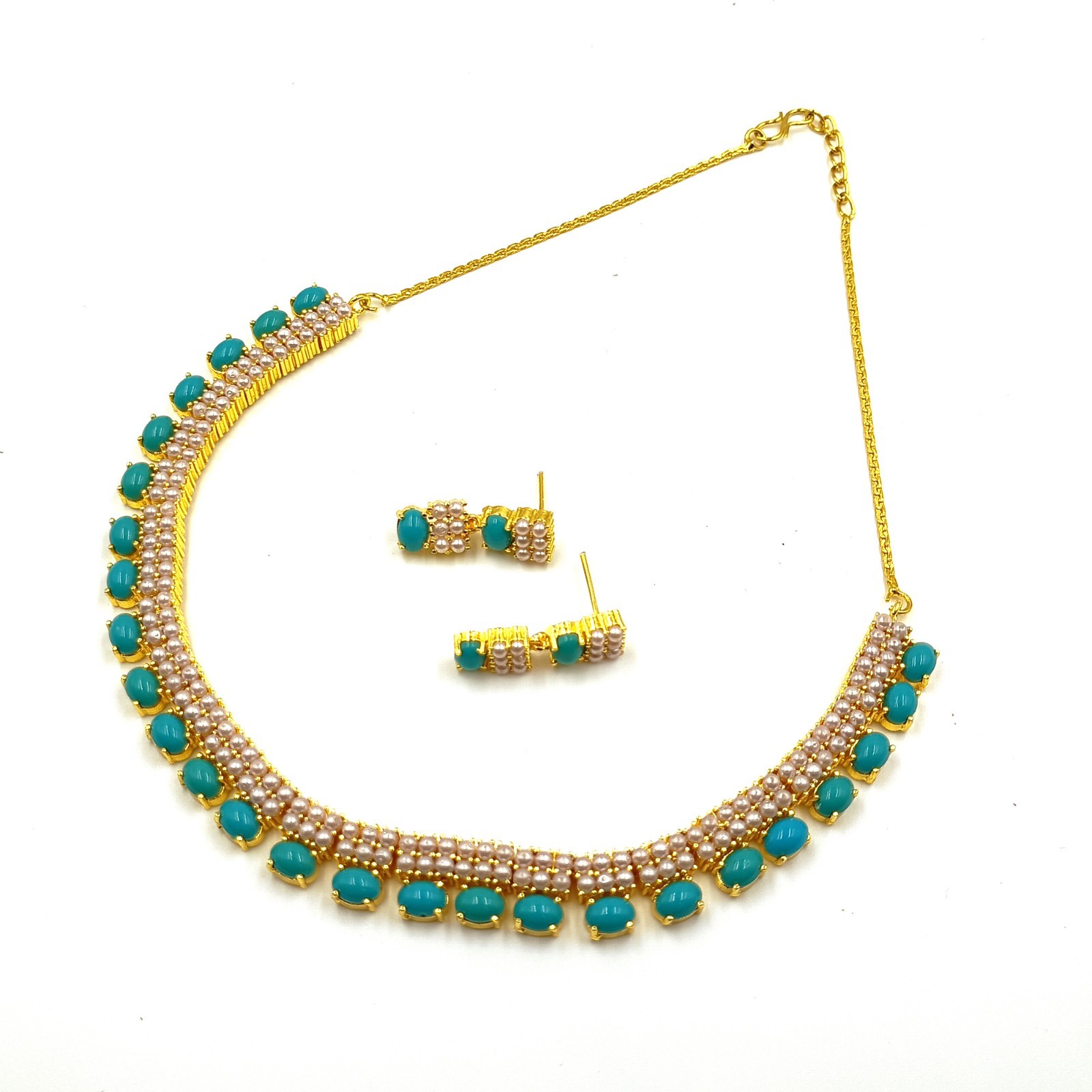 Turquoise and Pearl Necklace Set, 22k Gold Plated Choker, South Indian Jewelry
