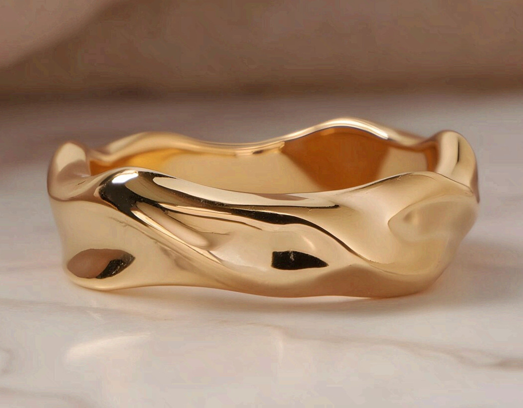 Gold Surgical Steel Wave Ring Minimalist Textured Liquid Band