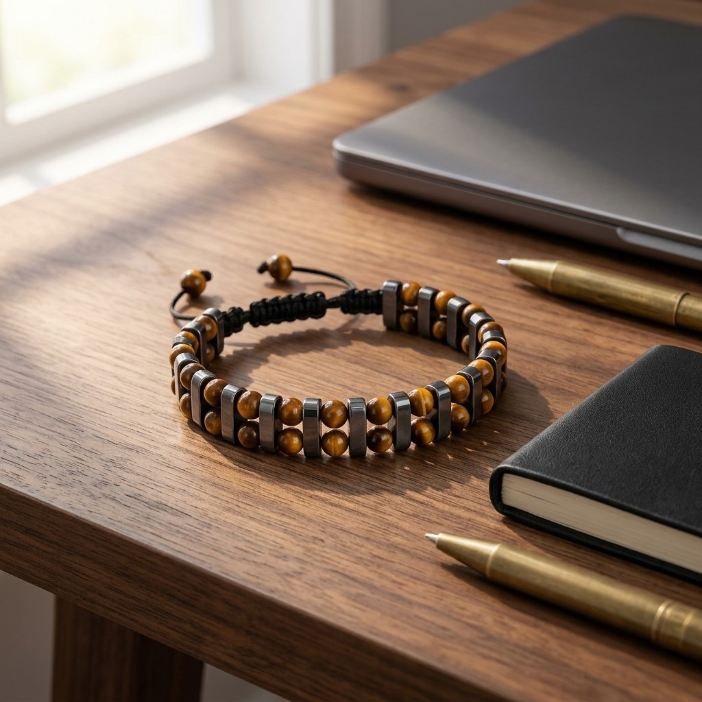 Tiger Eye Hematite Bracelet Adjustable Beaded Stone Mens Jewelry Verified Gift