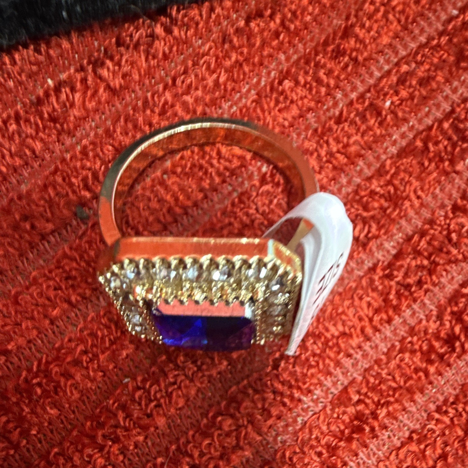Square Blue Stone Halo Rhinestone Cocktail Ring Gold Tone Prong Set Size 9 US