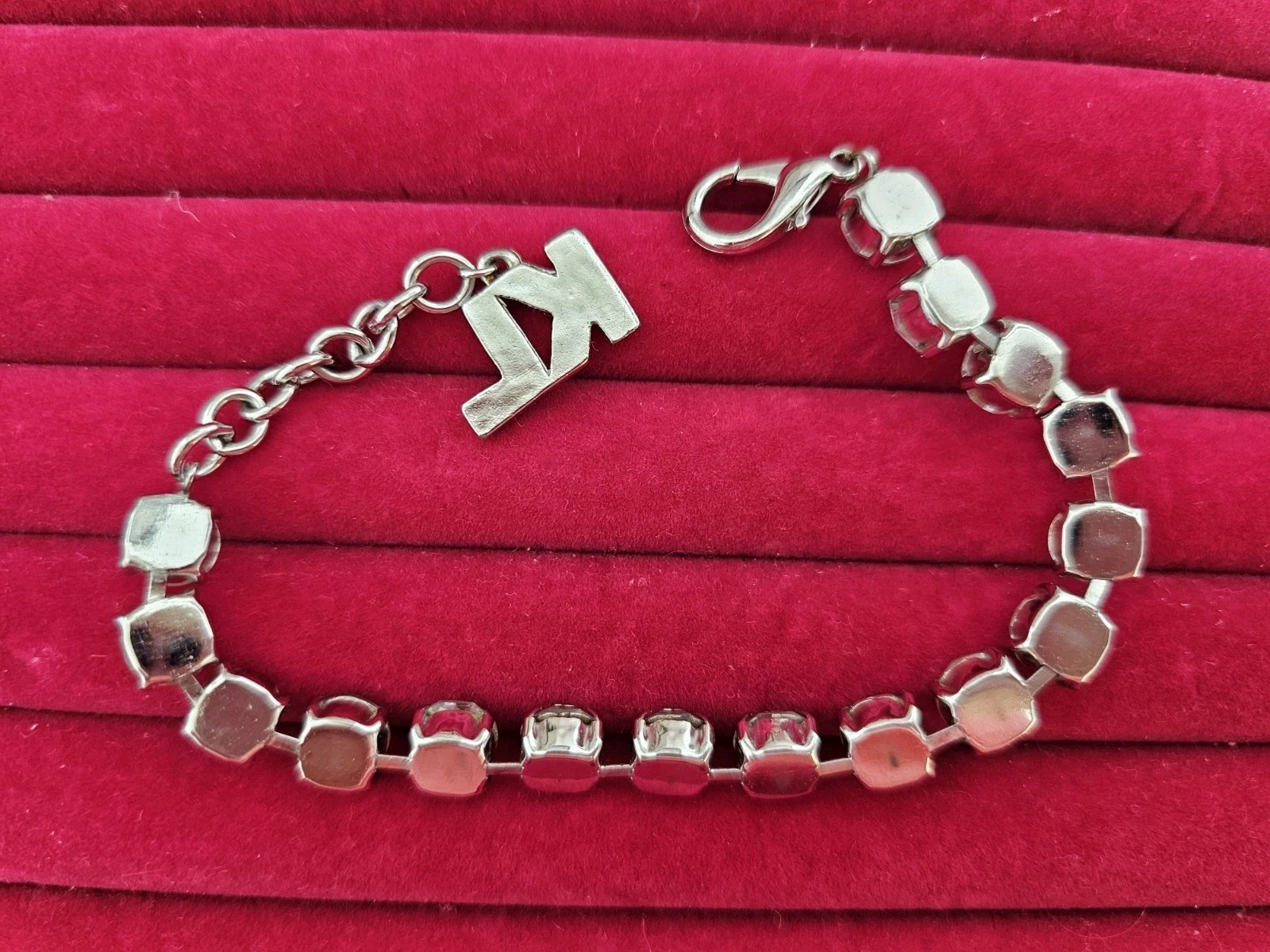 Karl Lagerfeld Dangle KL Crystal Rhinestone Bracelet Macys As Is Silver tone