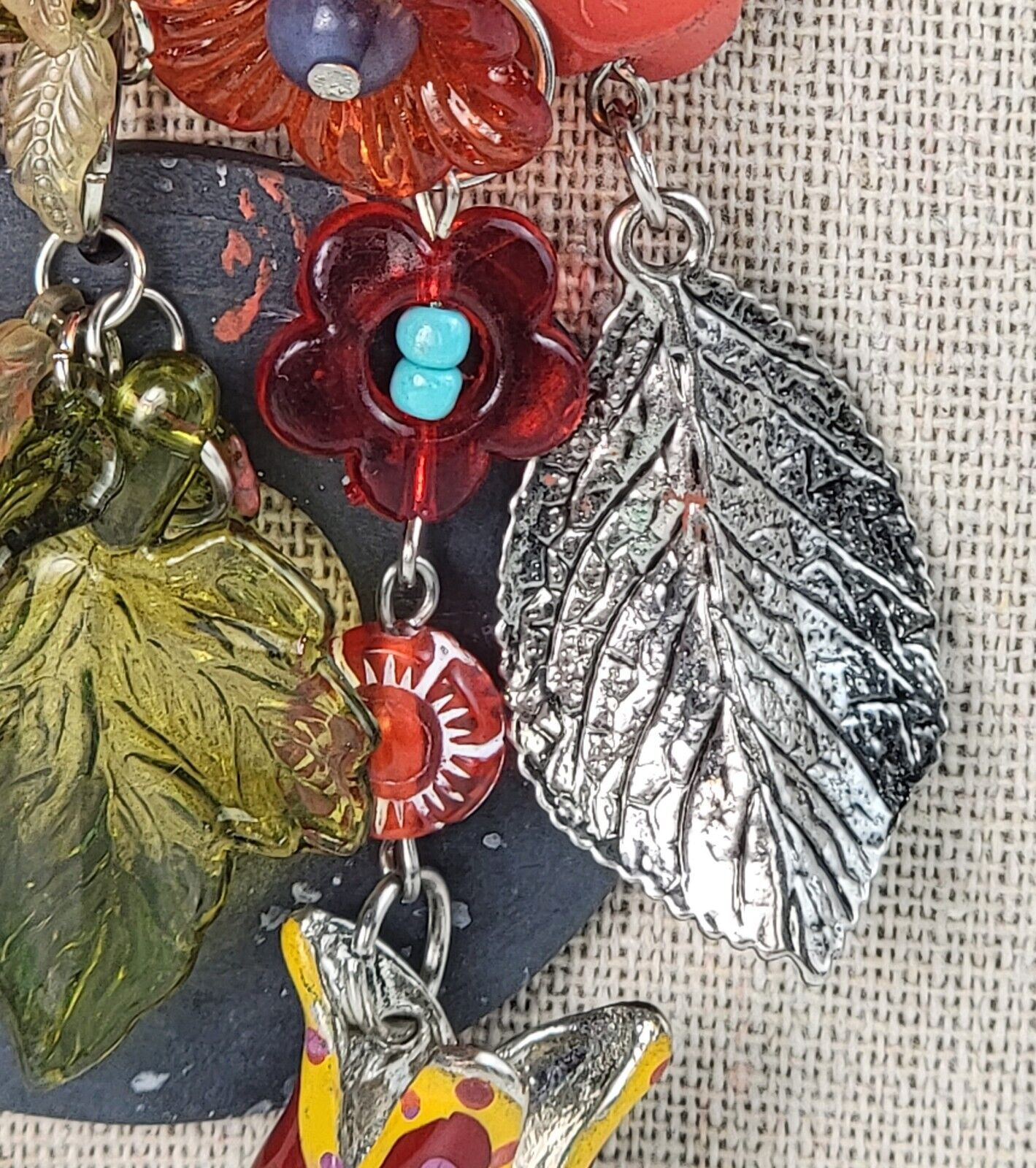 Multicolor Flowers Dangle Charm Necklace 21″ Silver-Tone Mixed-Materials Enamel