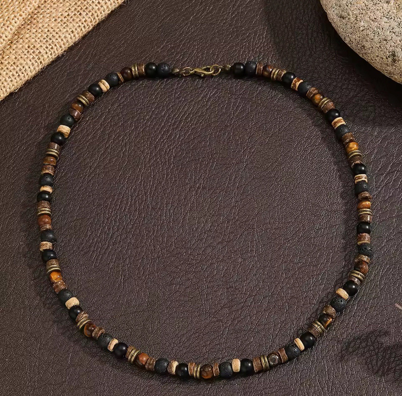 Mens Boho Necklace Tiger Eye Lava Stone Wood Beads Surfer Handmade Choker