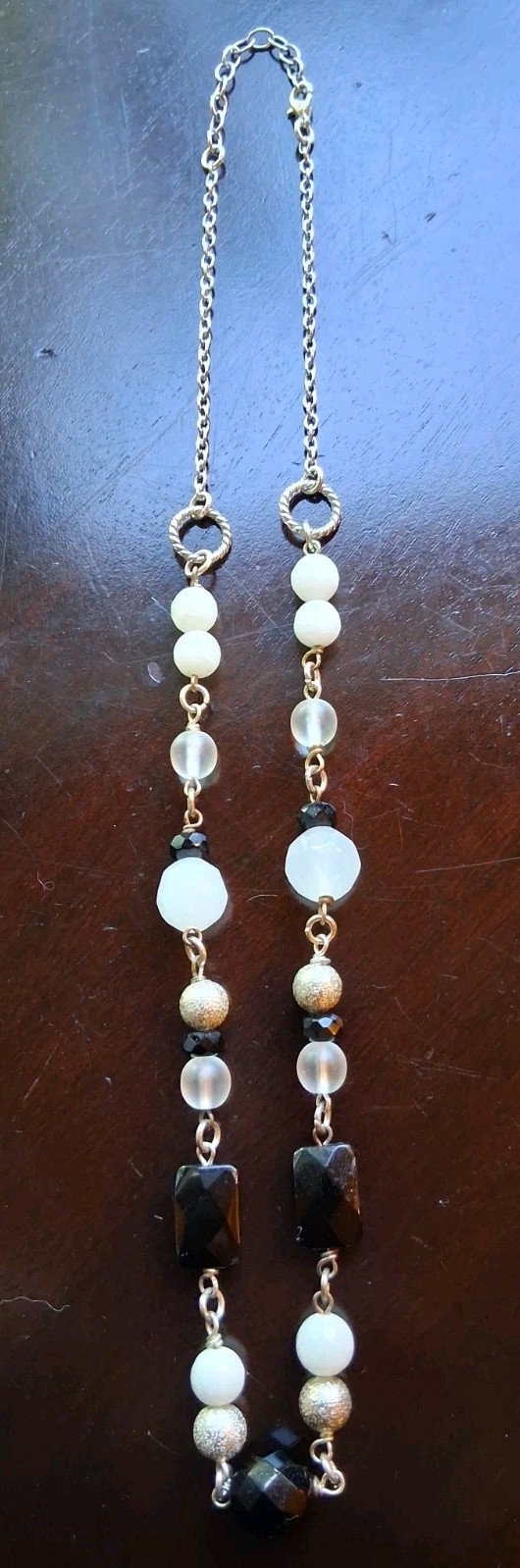 Glass And Stone Chain Beaded Necklace Black, Cream, Silver Lobster Clasp 20″