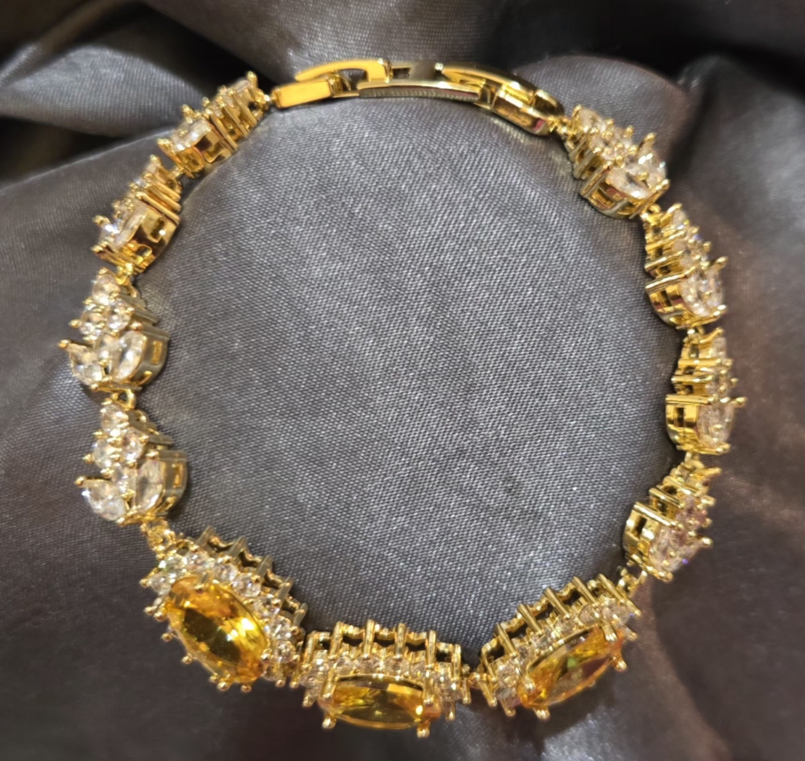 New 18k Gold Plated Yellow Oval Crystal Tennis Link Bracelet
