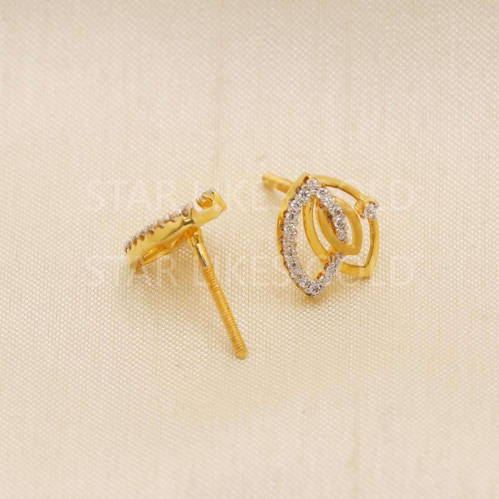 Solid 22k Yellow Gold CZ Oval Marquise Stud Earrings Two-Tone Multi-Layer Tops