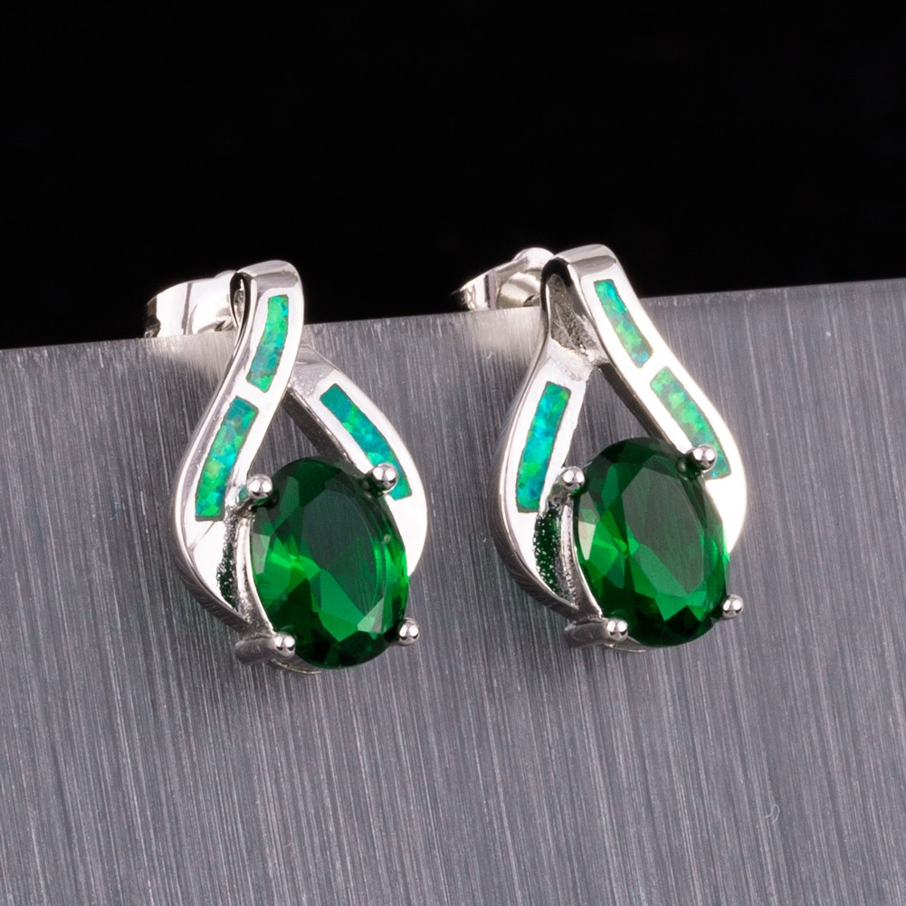 6×8 Simulated Emerald Kiwi Green Fire Opal Silver Filled Jewelry Stud Earrings
