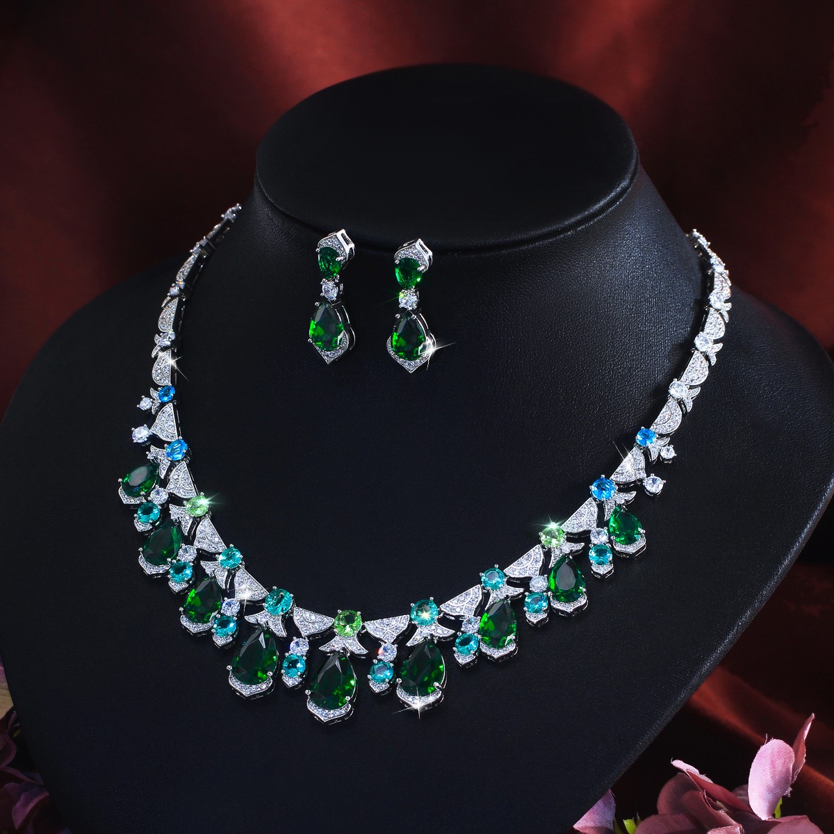 Green Teardrop Fringe Necklace Earrings Silver Plated Wedding Zircon Jewelry Set