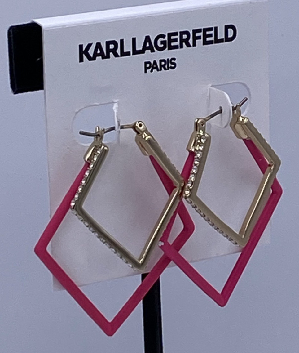 Karl Lagerfeld Paris Gold Tone / Pink Geometric Nested Hoop Earrings 2″ New
