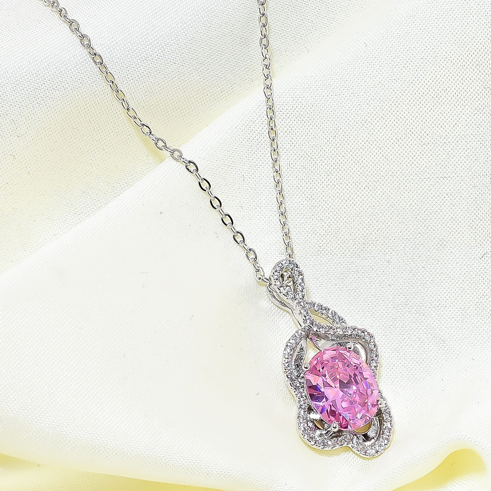 Pink Sapphire Simulated & Cz 925 Silver Pendant With Chain 18-20″ CP50612