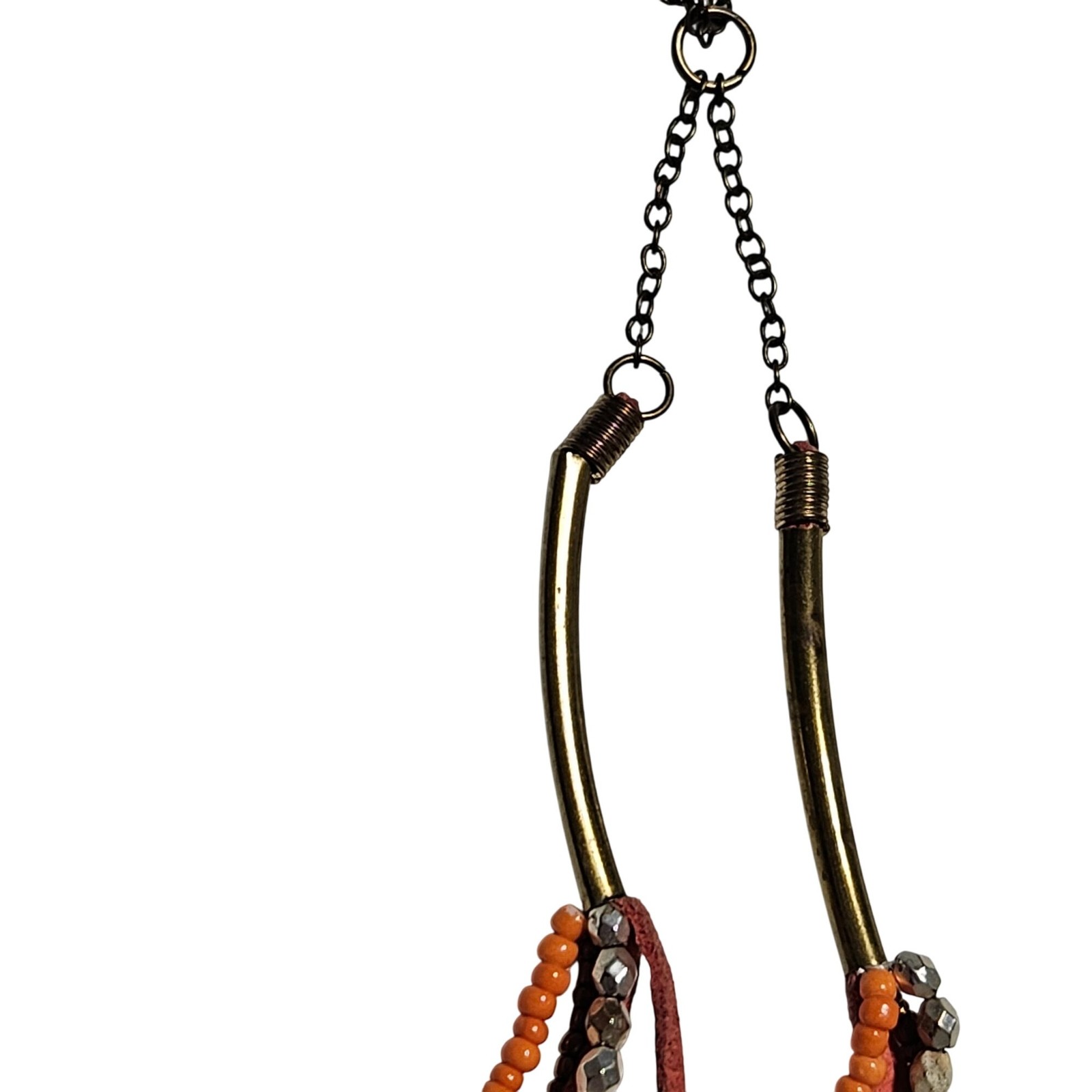 Bohemian Beaded Orange Leather Tassel Necklace Retro 60s 70s Fashion Jewelry