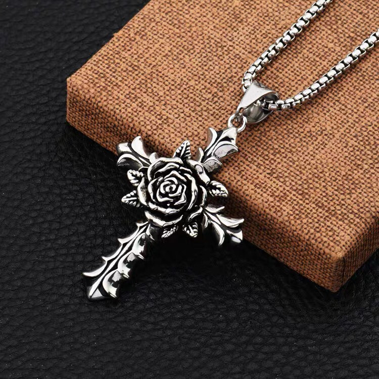 Silver Rose Cross Pendant Necklace Rosicrucian Christian Jewelry Box Chain 24″