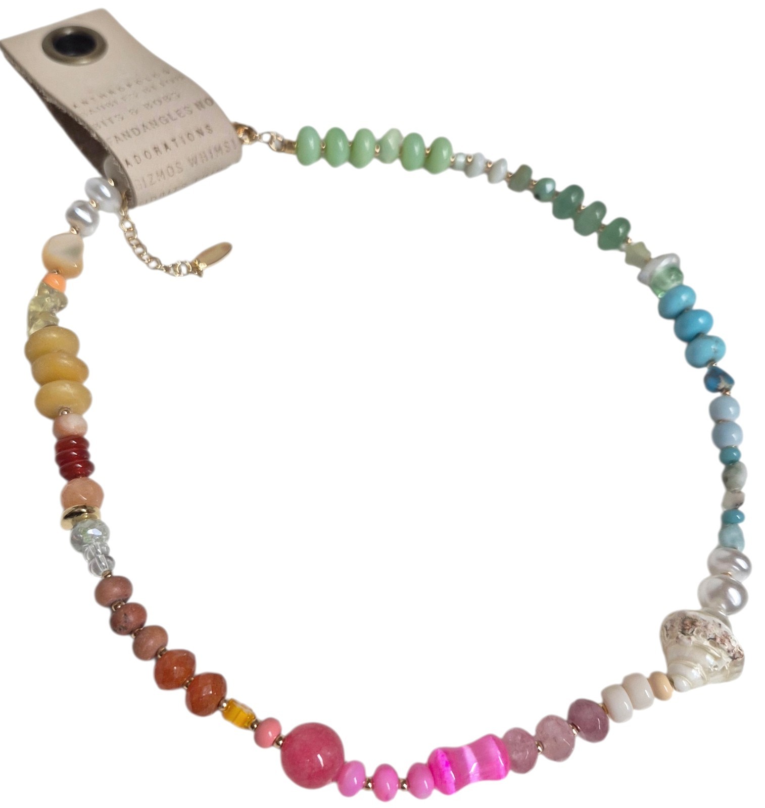 Anthropologie Beaded Shell Charm Necklace Multi-Color Gold Plated Brass New