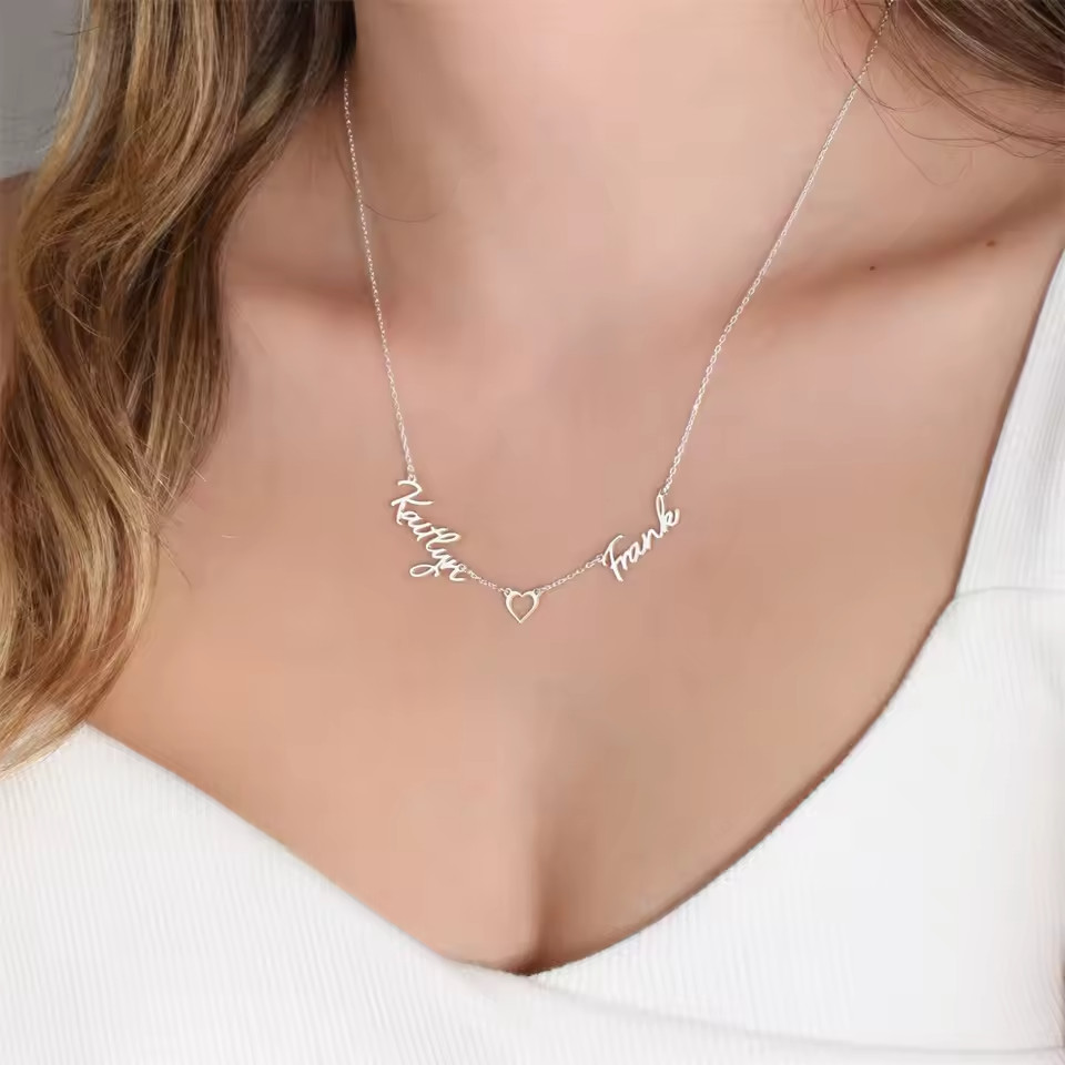 Custom Two Name Hollow Heart Pendant Necklace Chain Jewelry Love Gift Silver