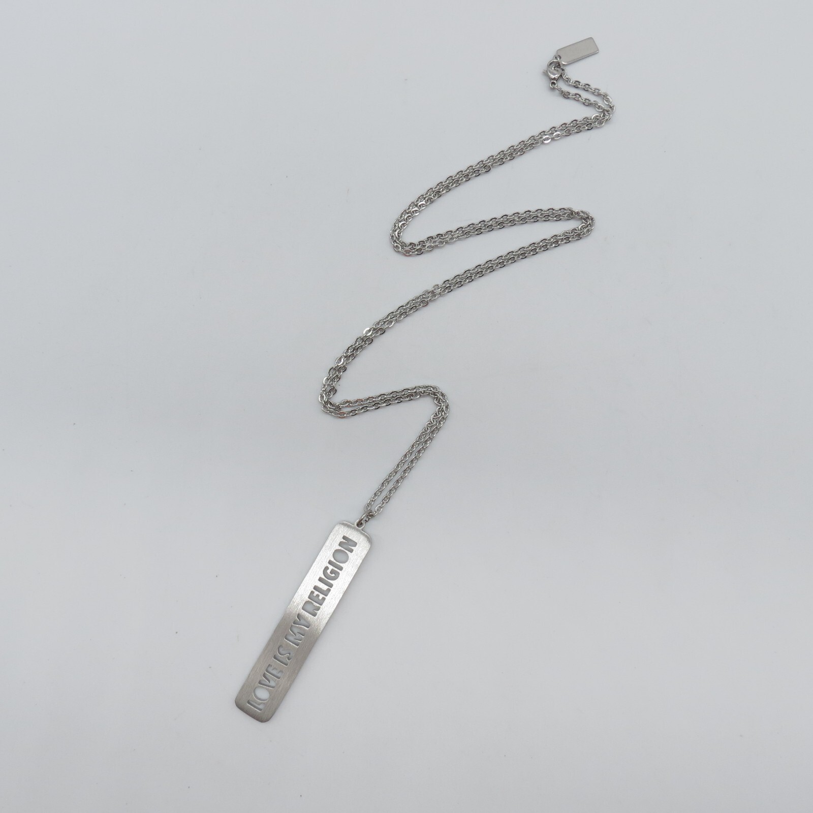 Love is My Religion Bar Pendant Necklace Silver Tone Everyday Jewel 28″