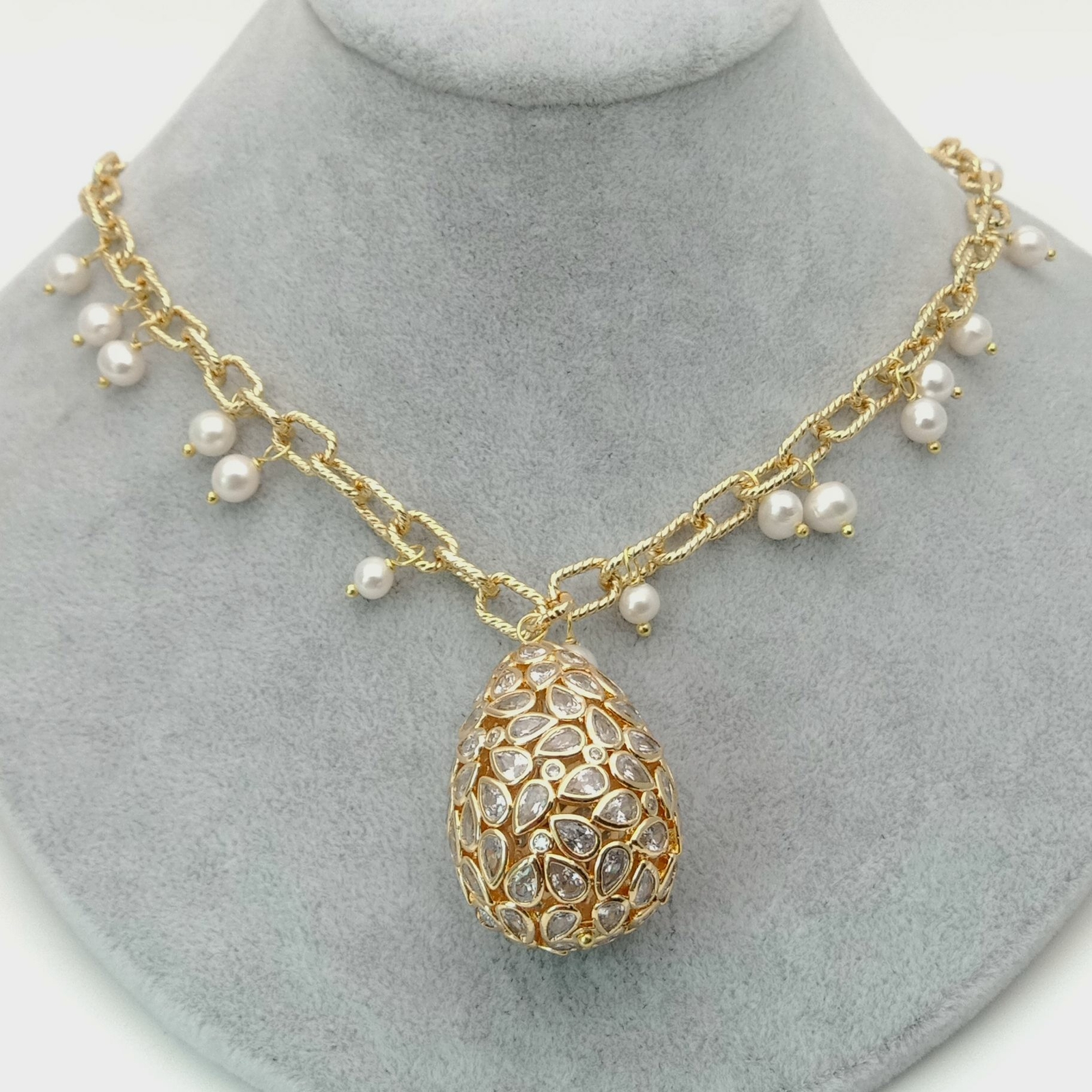 19″ White Pearl Gold Plated Chain Necklace Cubic Zirconia Pave Teardrop Pendant