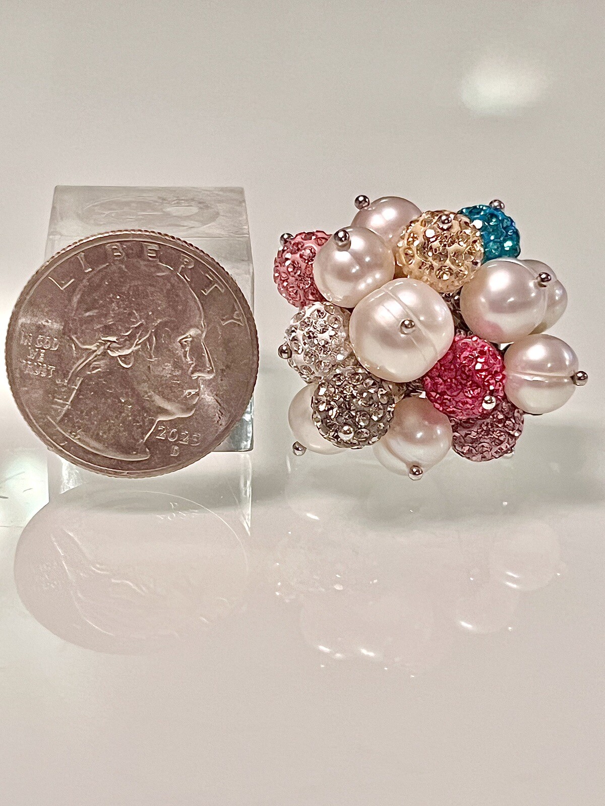 ROSS SIMONS~925 SS PEARLS W COLORED CRYSTAL BALL CLUSTER RING~SZ 7.25~15.7G