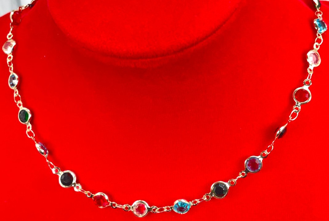 Necklace Gold Tone Blue, Red, Green, White & Black Faceted Crystals. Length 20″