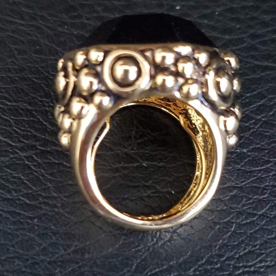 Gold Tone Hexagon Black Stone Statement Cocktail Ring Size 8.5 Ornate Beaded
