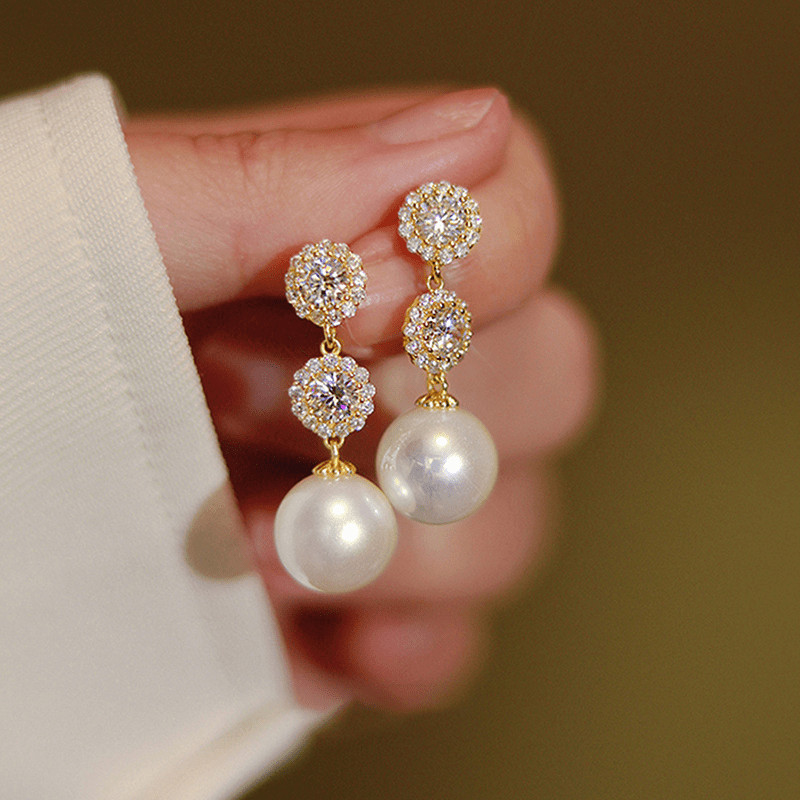 Women’s New Inlaid Rhinestone Tassel Ear Studs Imitation Pearl Pendant Earrings