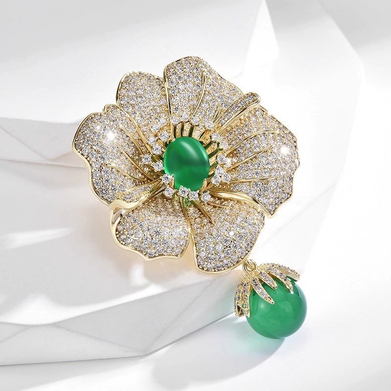 Green Imitation Jade Flower Brooch Pin Women Rhinestone Crystal Floral Gift
