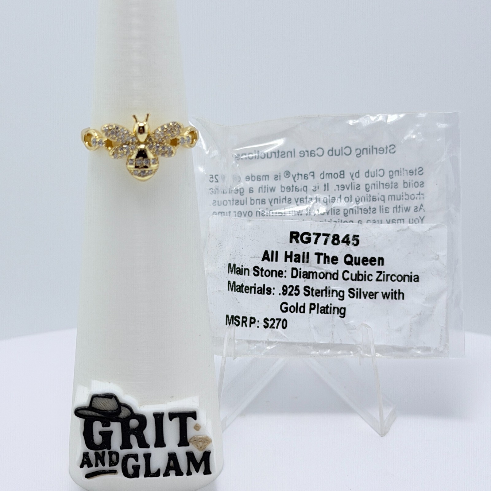 Bomb Party Vermeil Bee Size 7 “All Hail The Queen” .925 Sterling w/ Gold RG77845
